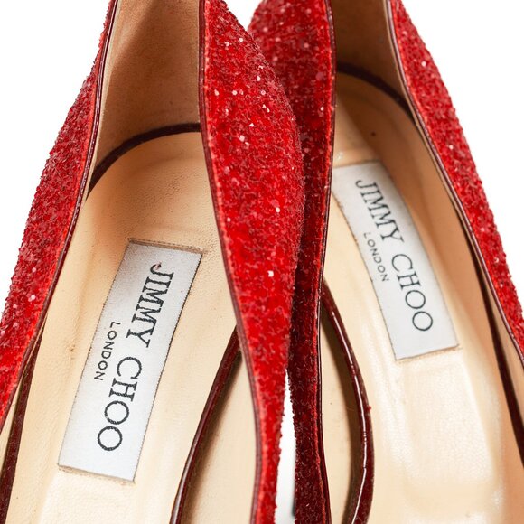 Jimmy Choo Crown Red Coarse Glitter Platform Pumps - Picture 9 of 9
